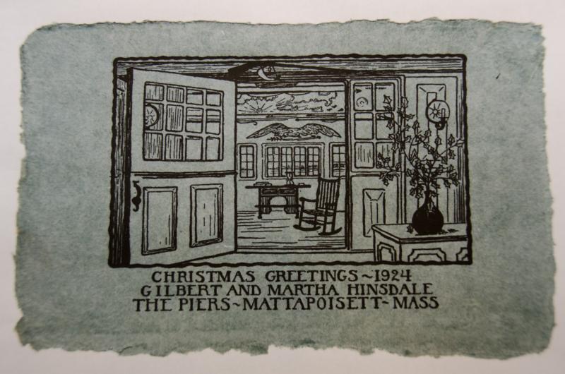 One of the Hinsdales' Christmas cards, depicting the mural by Clifford Ashley that now hangs in the Mattapoisett Historical Society Museum. SOURCE MATTAPOISETT HISTORICAL SOCIETY